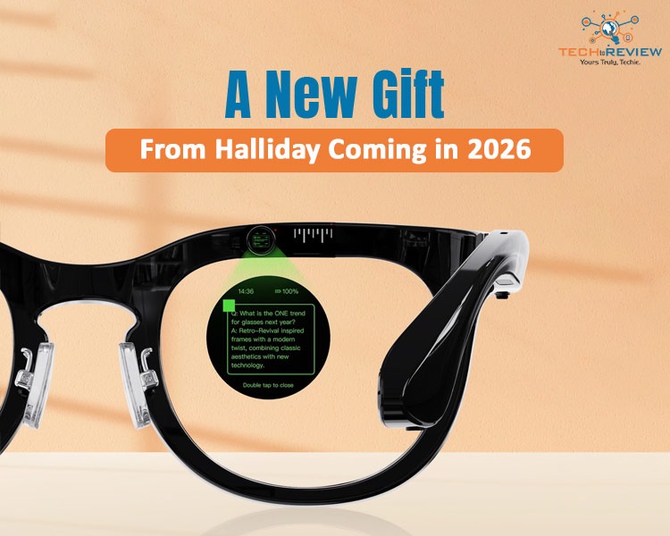 Un par de gafas inteligentes Halliday, elegantes y modernas, en color negro mate, con un sutil resplandor que indica la innovadora pantalla DigiWindow, sobre un fondo futurista de inspiración tecnológica.